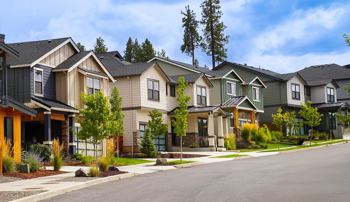 Multiple distinct residential rental properties in a neighborhood representing a rental property portfolio