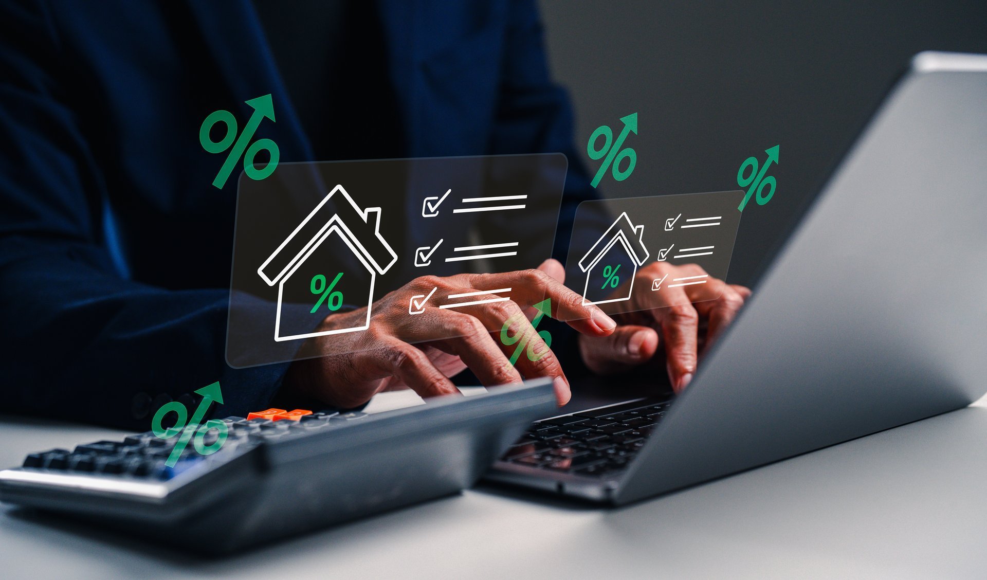 A person analyzes real estate data on a laptop with property evaluation tools