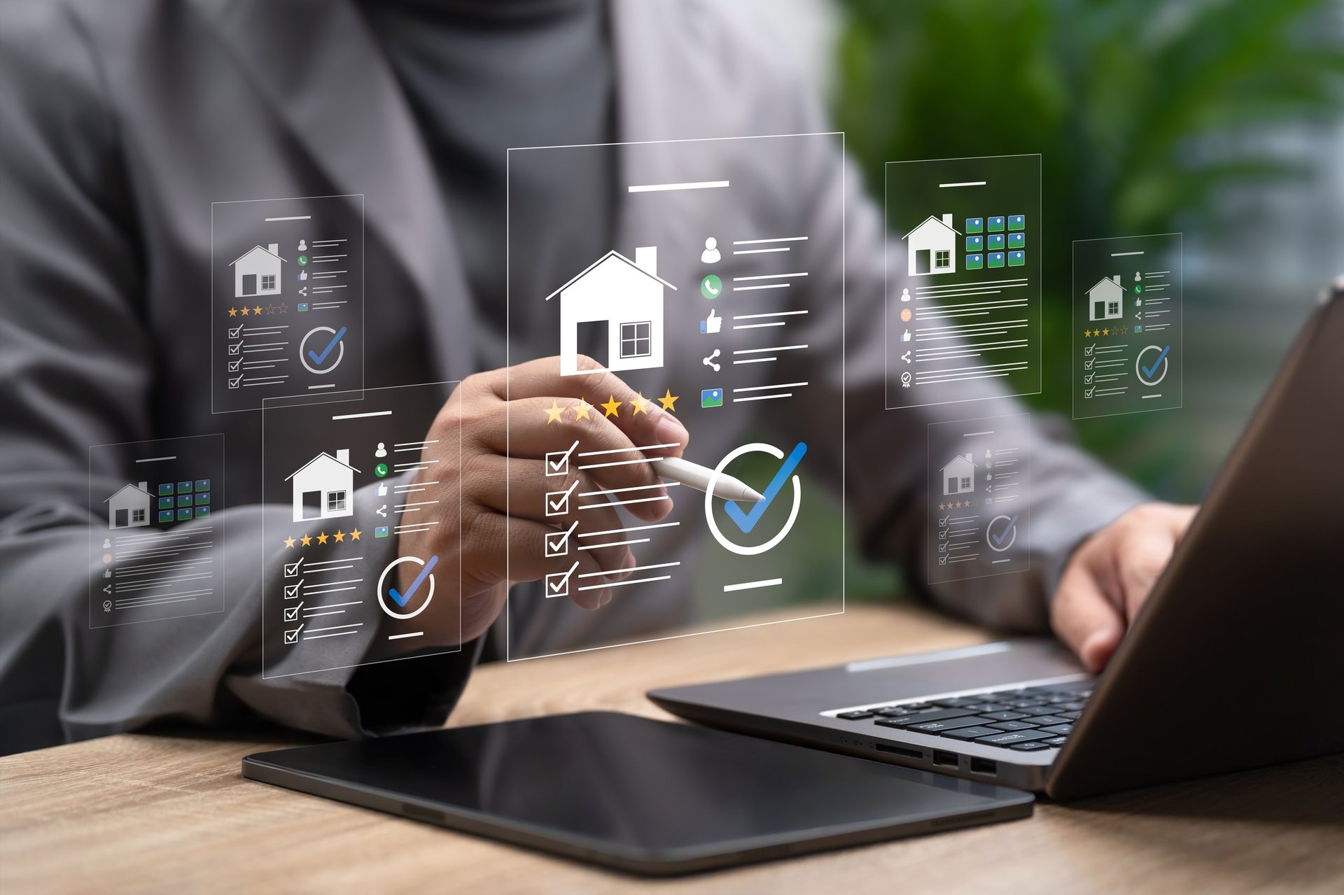 Businessman evaluating property investment with real estate review and rating