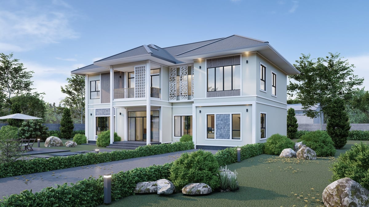 Modern two-story house with lush garden and driveway, premium suburban home