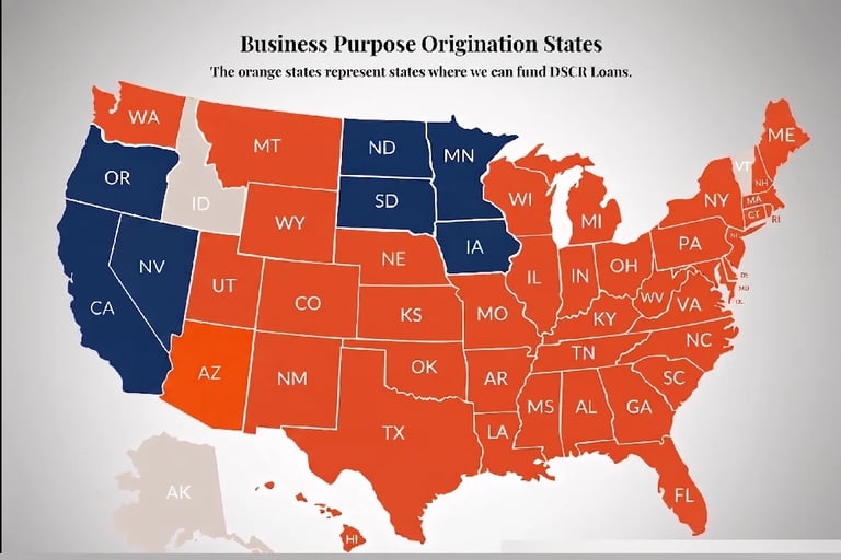 US map showing Matt Dean's Business Purpose DSCR Origination States — orange states indicate direct DSCR rental-property loan coverage